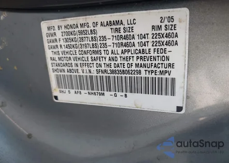 2005 Honda Odyssey Touring z USA, uszkodzony, nr VIN 5FNRL38835B062298